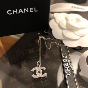 Authentic Chanel Silver Crystal Logo Necklace